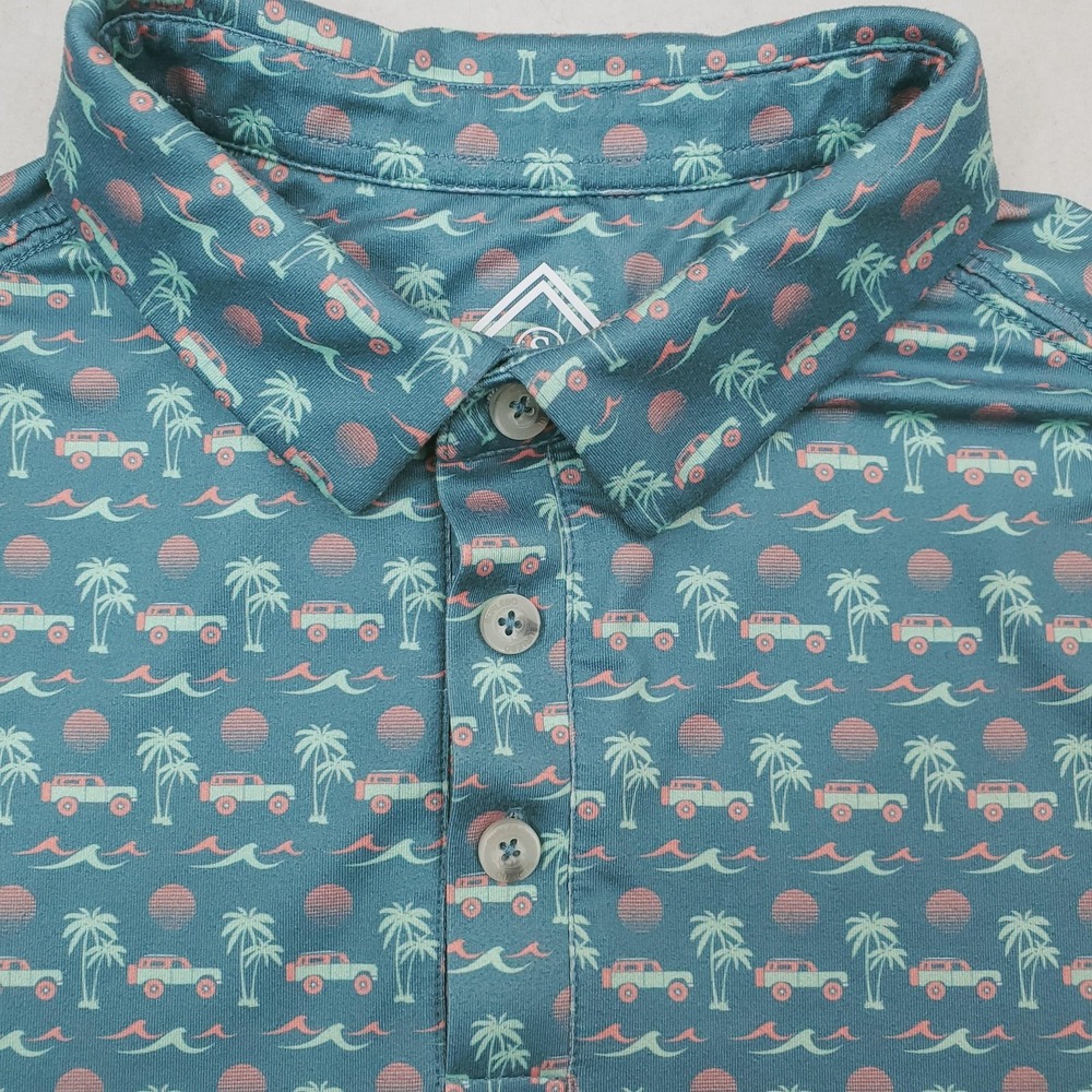 Burlebo Polo Shirt Mens Small Blue Beach Jeep Palm Tree Golf Print Stretch - Picture 2 of 10